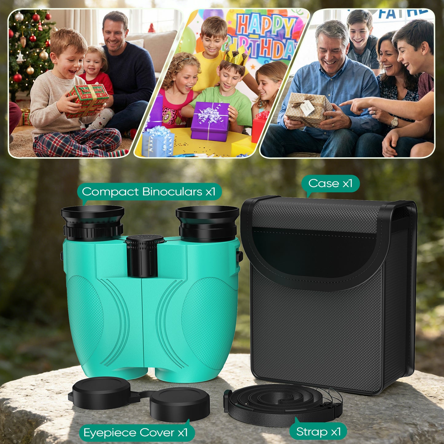 12x25 Binoculars for Kids and Adults: Compact Binoculars with Bak4, FMC- Small Lightweight Binoculars for Camping, Traveling, Bird Watching, Hiking (Green)