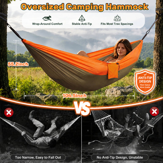 NOCOEX Camping Hammock 440lbs with Two 10ft Tree Straps, 2 D‑Carabiners & Side Pocket, Parachute Nylon Portable Lightweight Hammock for Travel, Hiking, Backpacking, Beach (Orange)