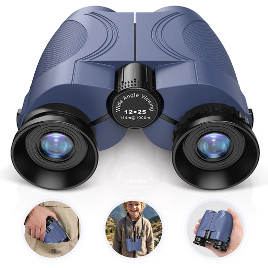 12x25 Compact Binoculars for Kids: Small Binoculars with Bak4, FMC - Ideal for Outdoor, Camping, Traveling, Bird Watching, Hiking (Blue)