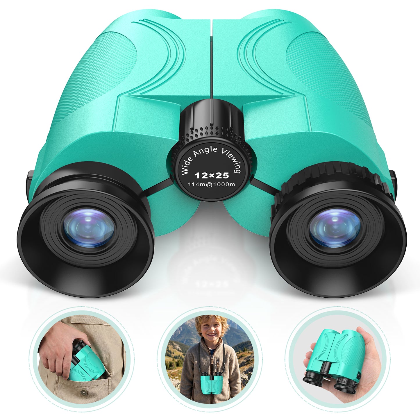12x25 Binoculars for Kids and Adults: Compact Binoculars with Bak4, FMC- Small Lightweight Binoculars for Camping, Traveling, Bird Watching, Hiking (Green)