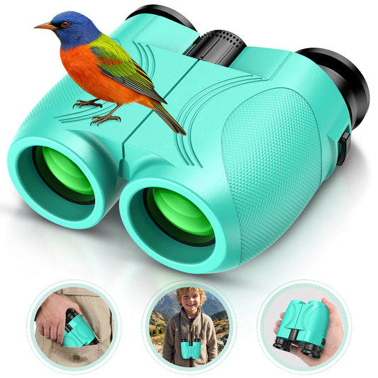 12x25 Binoculars for Kids 8-12, BAK4 FMC Lens with Neck Strap & Carrying Bag, Small Compact Binoculars for Bird Watching, Camping & Travel (Green)
