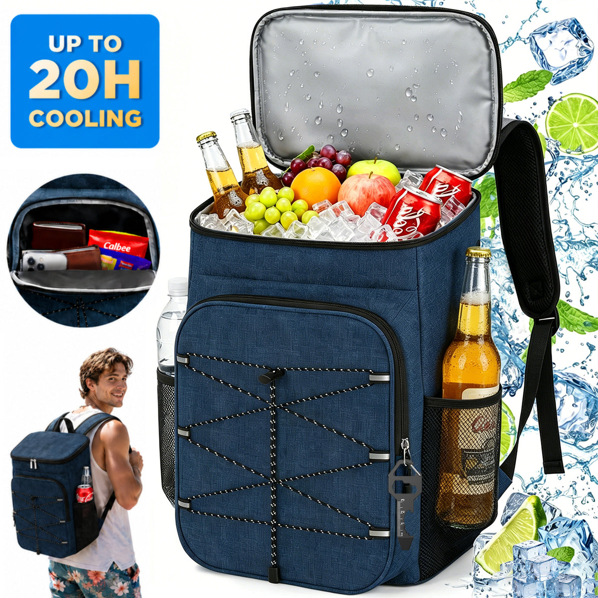 NOCOEX 22L Cooler Backpack with 20H Cooling & Bottle Opener, 28 Cans Backpack Cooler Insulated Leak Proof for Camping Hiking Beach Picnic Fishing (Blue)
