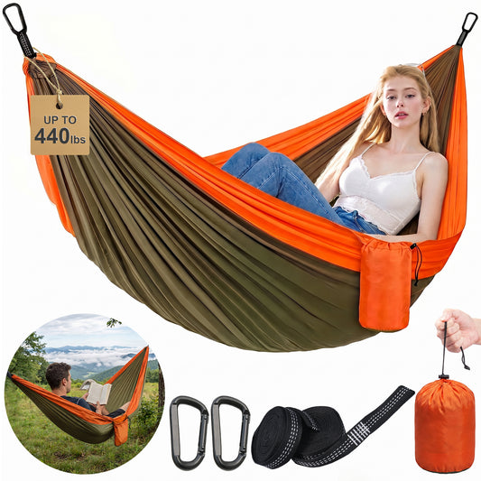 NOCOEX Camping Hammock 440lbs with Two 10ft Tree Straps, 2 D‑Carabiners & Side Pocket, Parachute Nylon Portable Lightweight Hammock for Travel, Hiking, Backpacking, Beach (Orange)