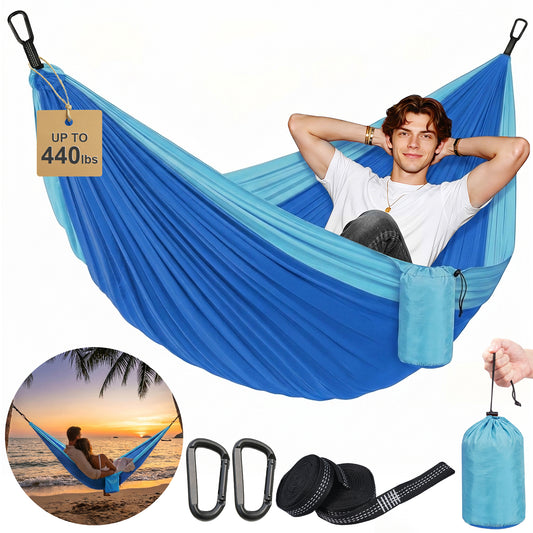 NOCOEX Camping Hammock 440lbs with Two 10ft Tree Straps, 2 D‑Carabiners & Side Pocket, Parachute Nylon Portable Lightweight Hammock for Travel, Hiking, Backpacking, Beach (Blue)