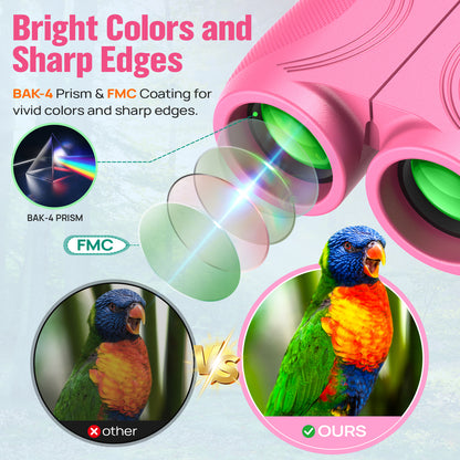 12x25 Compact Binoculars for Kids: Small Binoculars with Bak4, FMC - Ideal for Outdoor, Camping, Traveling, Bird Watching, Hiking (Pink)