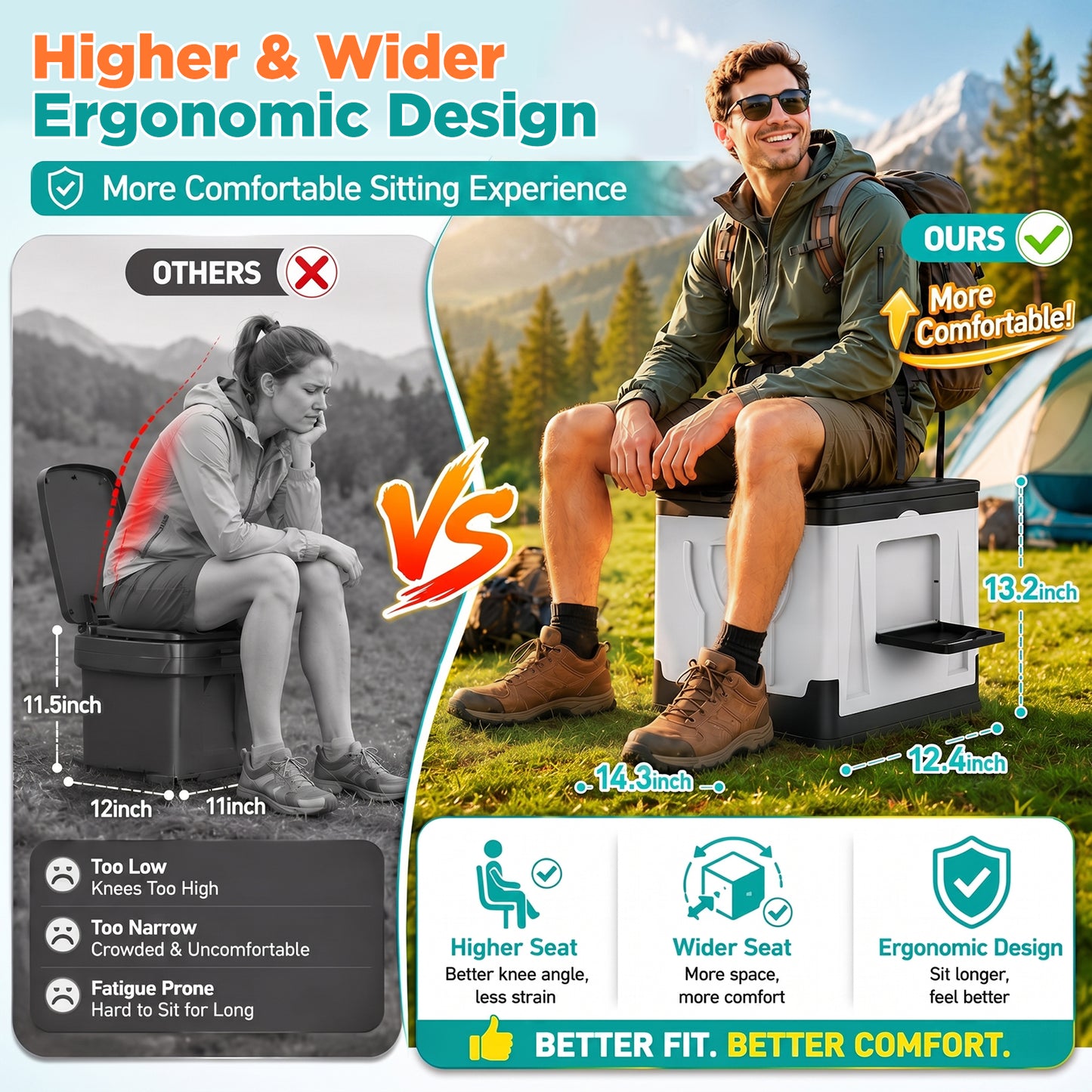 NOCOEX Portable Camping Toilet, 330Lbs Foldable Porta Potty with Dual Side Shelves, Travel Toilet for Camping, RV, Hiking, Trucks & Emergency Use