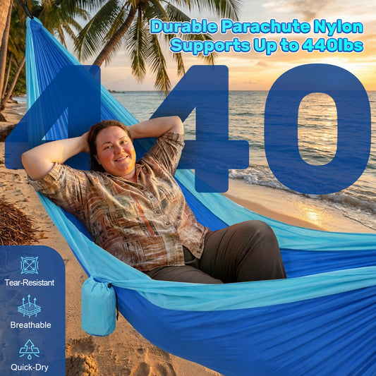 NOCOEX Camping Hammock 440lbs with Two 10ft Tree Straps, 2 D‑Carabiners & Side Pocket, Parachute Nylon Portable Lightweight Hammock for Travel, Hiking, Backpacking, Beach (Blue)