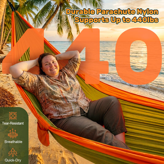NOCOEX Camping Hammock 440lbs with Two 10ft Tree Straps, 2 D‑Carabiners & Side Pocket, Parachute Nylon Portable Lightweight Hammock for Travel, Hiking, Backpacking, Beach (Orange)
