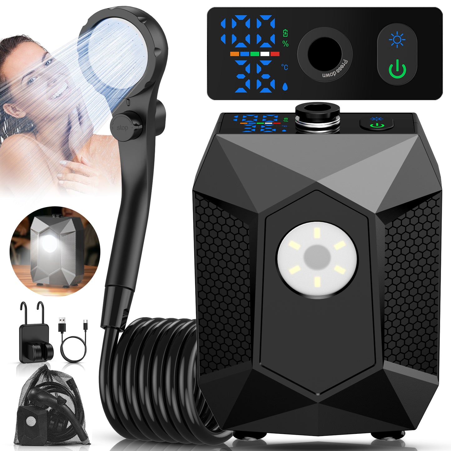 NOCOEX Camping Shower with LED Lights, 6000mAh Rechargeable & 5 Pressure Modes, 1.6 GPM & IPX8 Waterproof Portable Camping Shower for Beach, Pet Cleaning, Car Washing