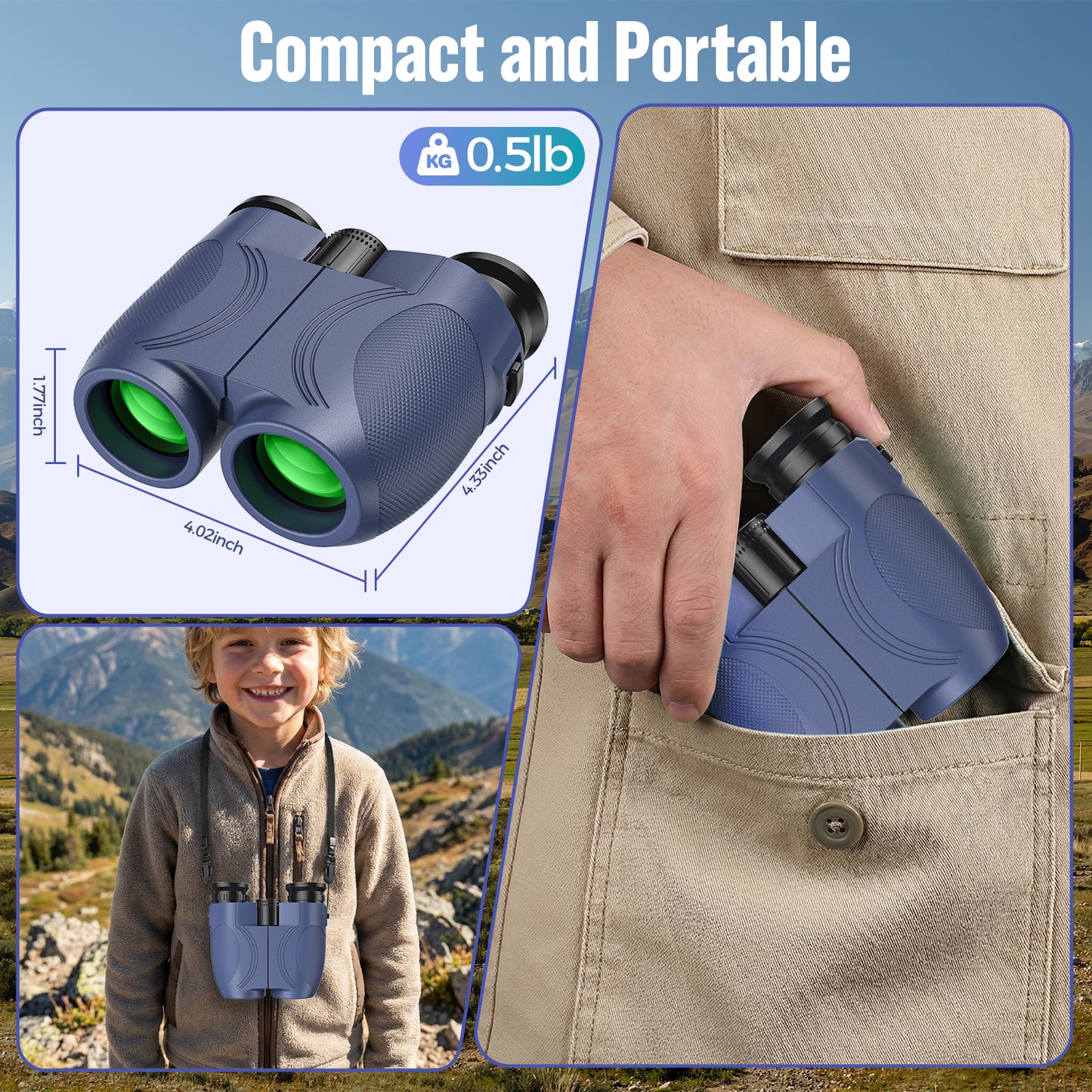 12x25 Compact Binoculars for Kids: Small Binoculars with Bak4, FMC - Ideal for Outdoor, Camping, Traveling, Bird Watching, Hiking (Blue)