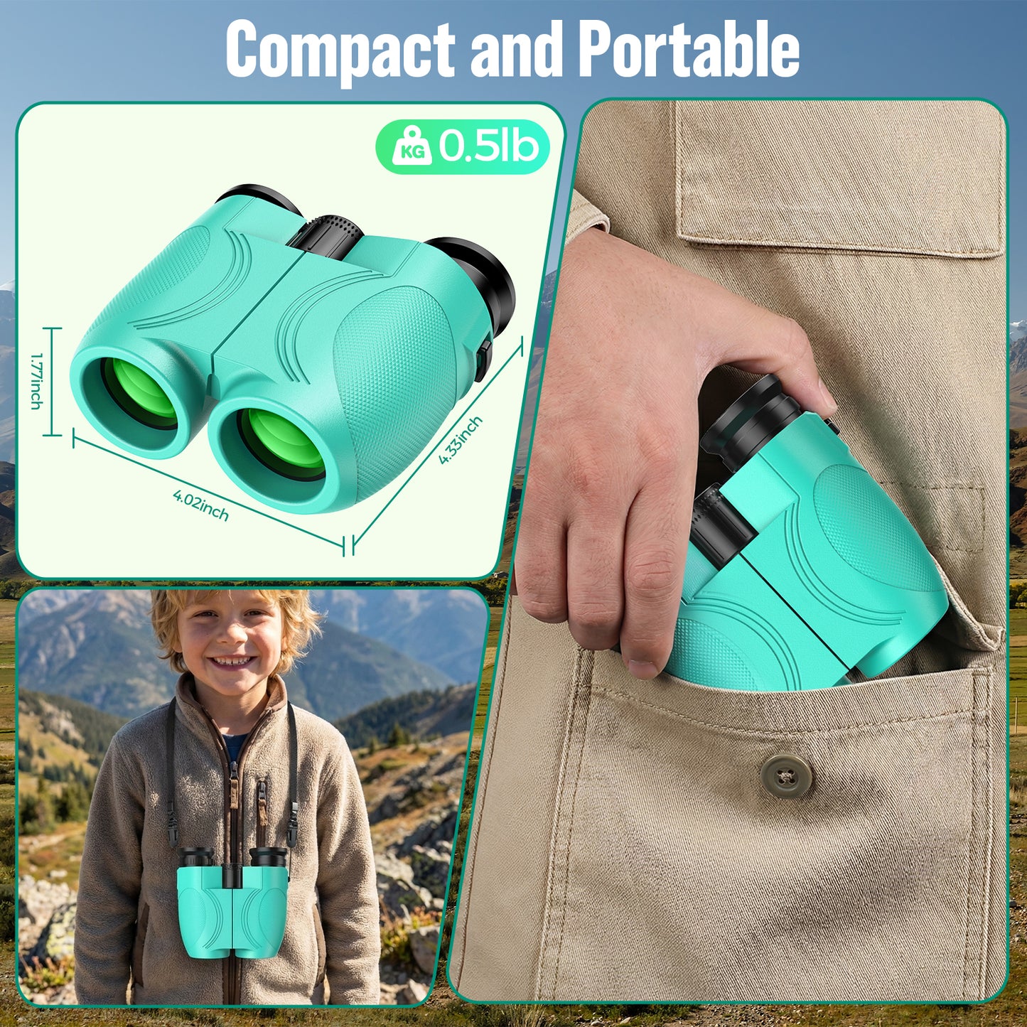 12x25 Binoculars for Kids and Adults: Compact Binoculars with Bak4, FMC- Small Lightweight Binoculars for Camping, Traveling, Bird Watching, Hiking (Green)