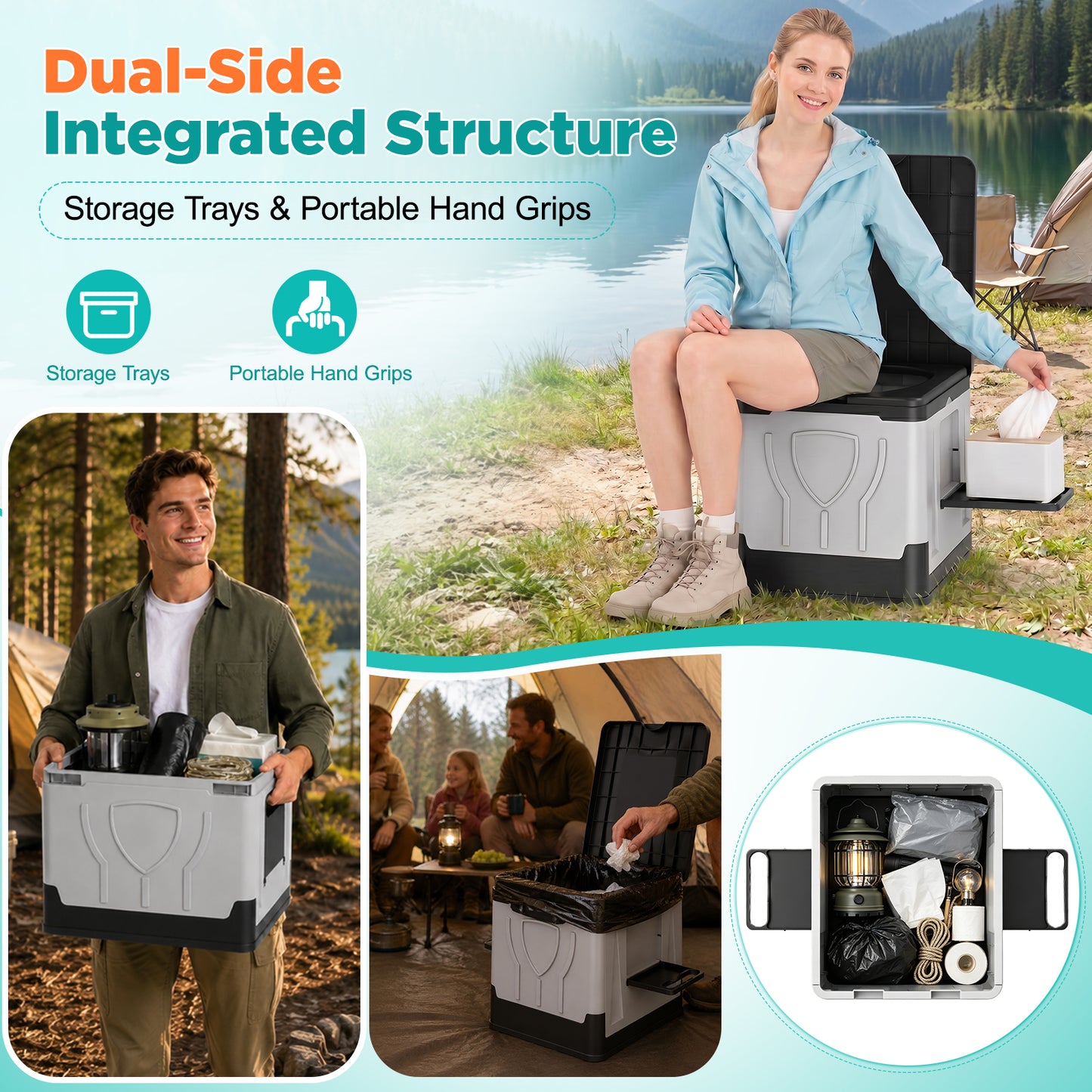 NOCOEX Portable Camping Toilet, 330Lbs Foldable Porta Potty with Dual Side Shelves, Travel Toilet for Camping, RV, Hiking, Trucks & Emergency Use