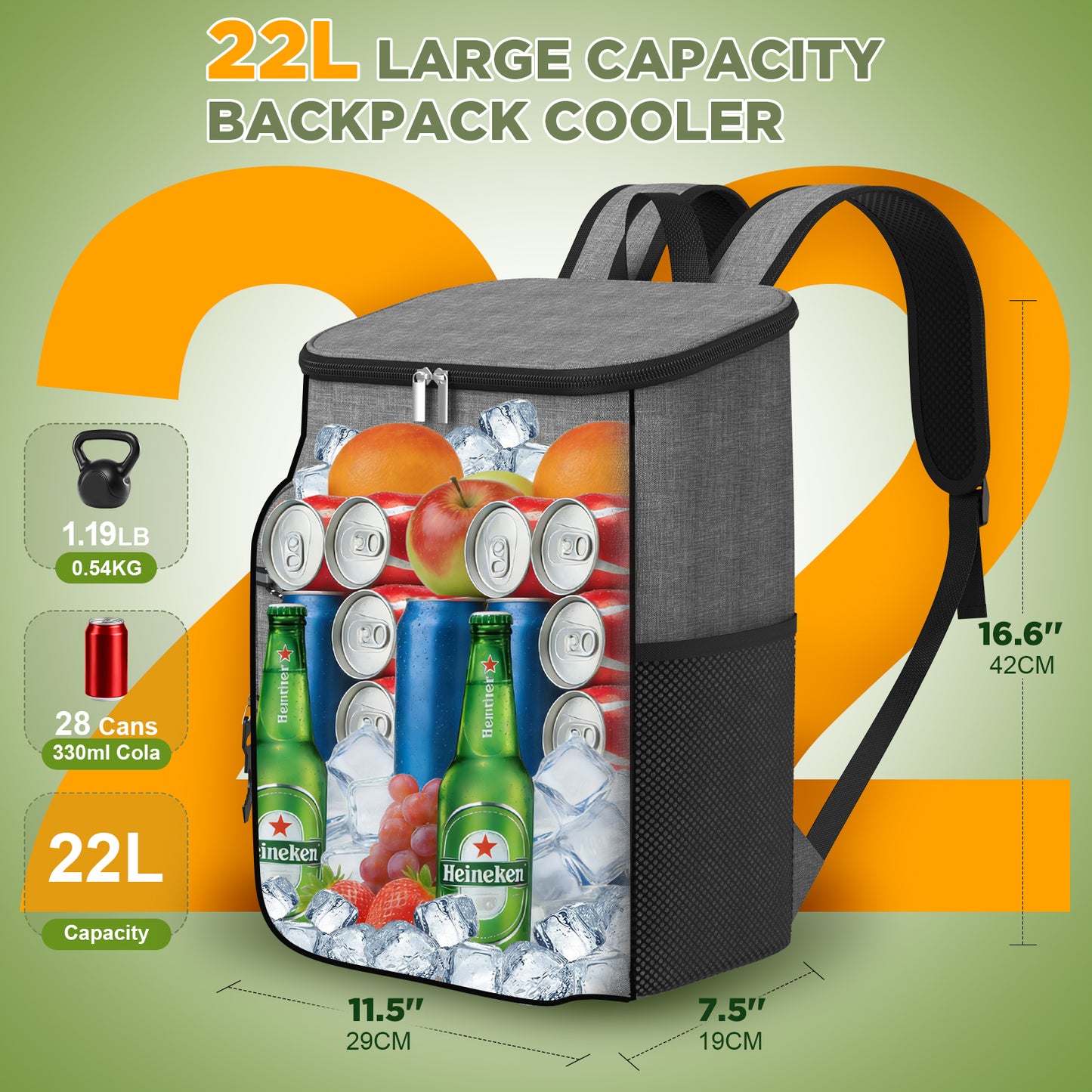 NOCOEX 22L Cooler Backpack with 20H Cooling & Bottle Opener, 28 Cans Backpack Coolers Insulated Leak Proof for Camping Hiking Beach Picnic Fishing