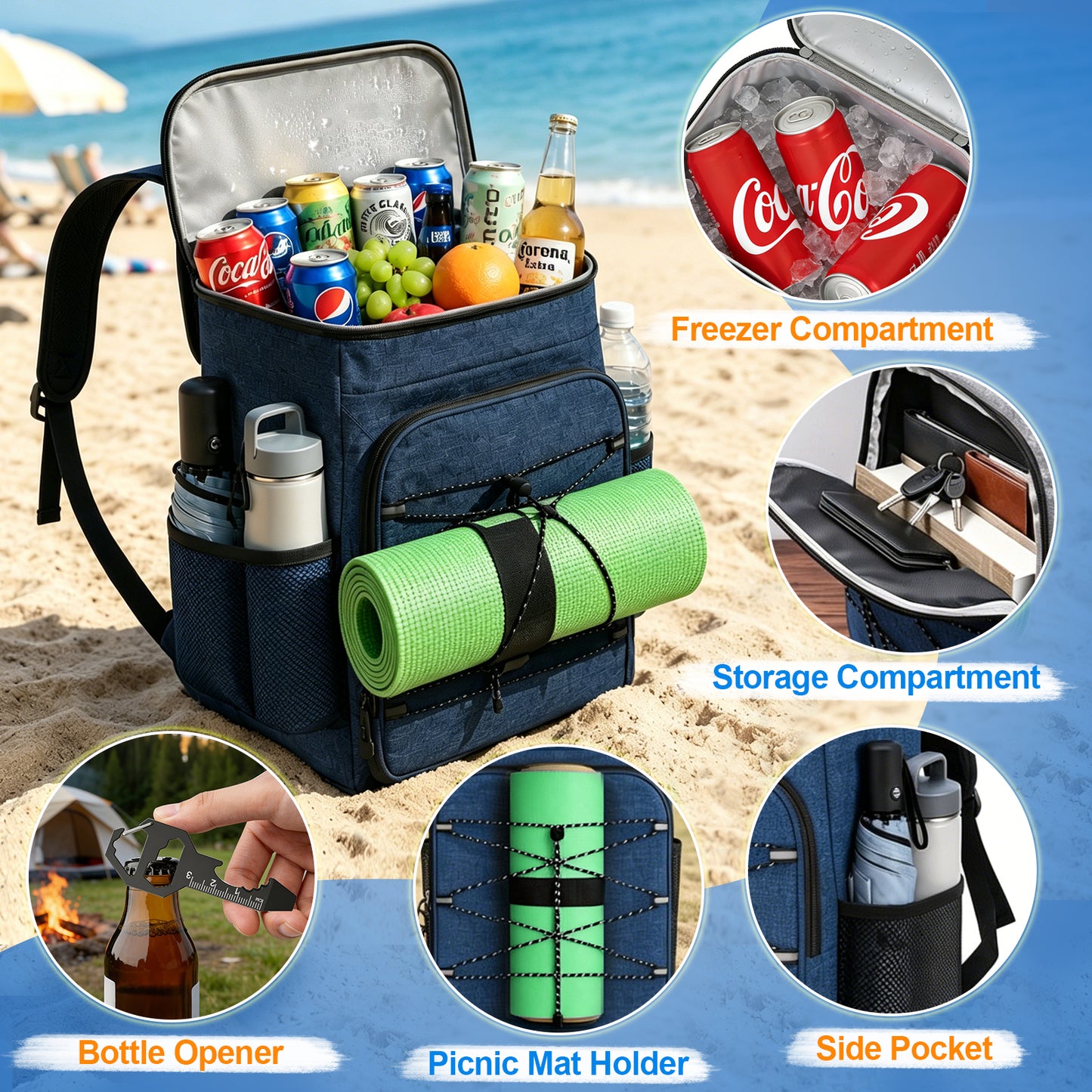 NOCOEX 22L Cooler Backpack with 20H Cooling & Bottle Opener, 28 Cans Backpack Cooler Insulated Leak Proof for Camping Hiking Beach Picnic Fishing (Blue)