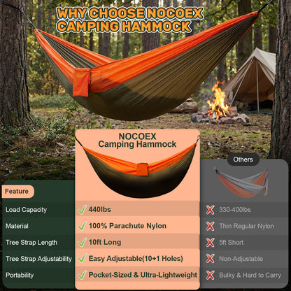 NOCOEX Camping Hammock 440lbs with Two 10ft Tree Straps, 2 D‑Carabiners & Side Pocket, Parachute Nylon Portable Lightweight Hammock for Travel, Hiking, Backpacking, Beach (Orange)