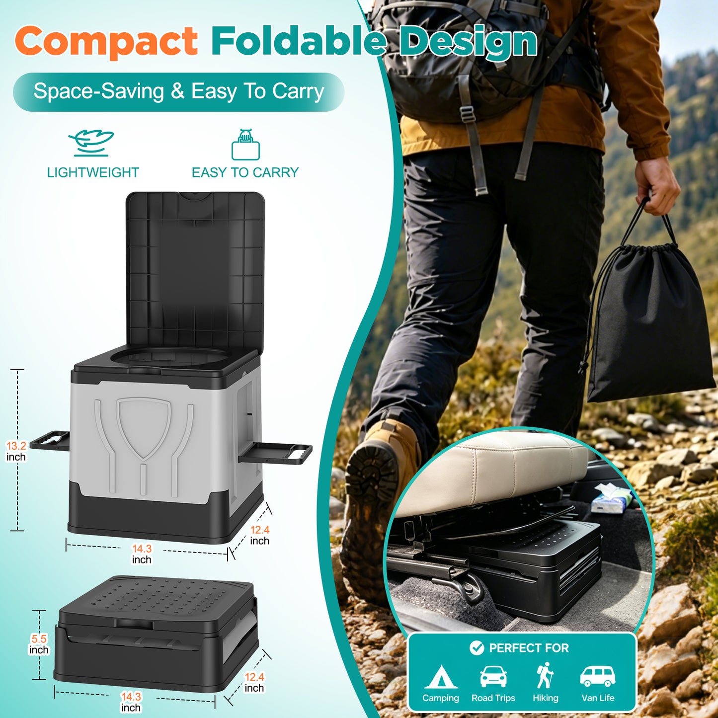 NOCOEX Portable Camping Toilet, 330Lbs Foldable Porta Potty with Dual Side Shelves, Travel Toilet for Camping, RV, Hiking, Trucks & Emergency Use