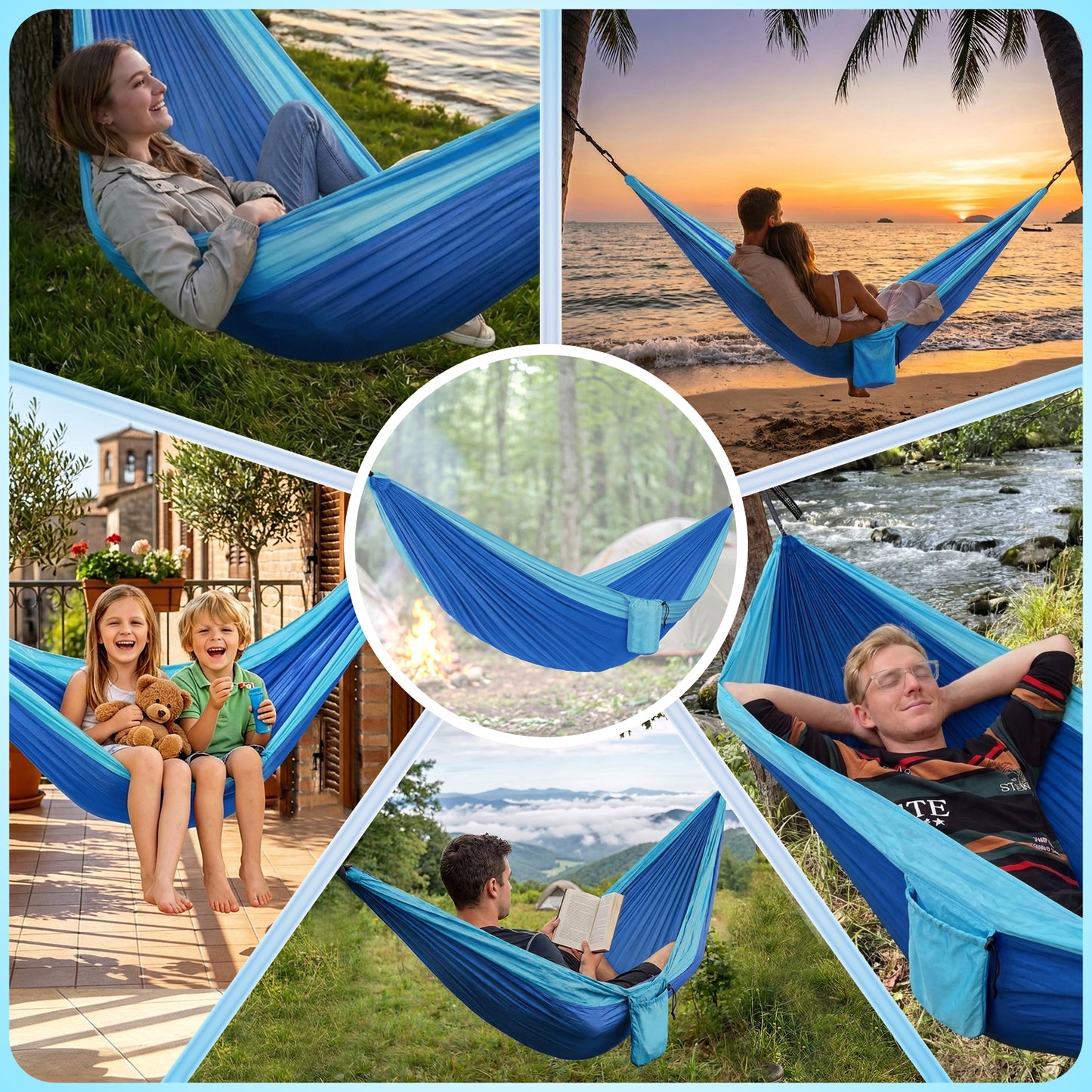 NOCOEX Camping Hammock with Tree Straps & Built-in Side Pocket, Anti-Tip 440lbs Parachute Portable Hammock for Travel Hiking Backpacking Beach, Blue
