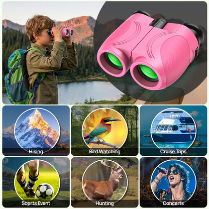 12x25 Compact Binoculars for Kids: Small Binoculars with Bak4, FMC - Ideal for Outdoor, Camping, Traveling, Bird Watching, Hiking (Pink)