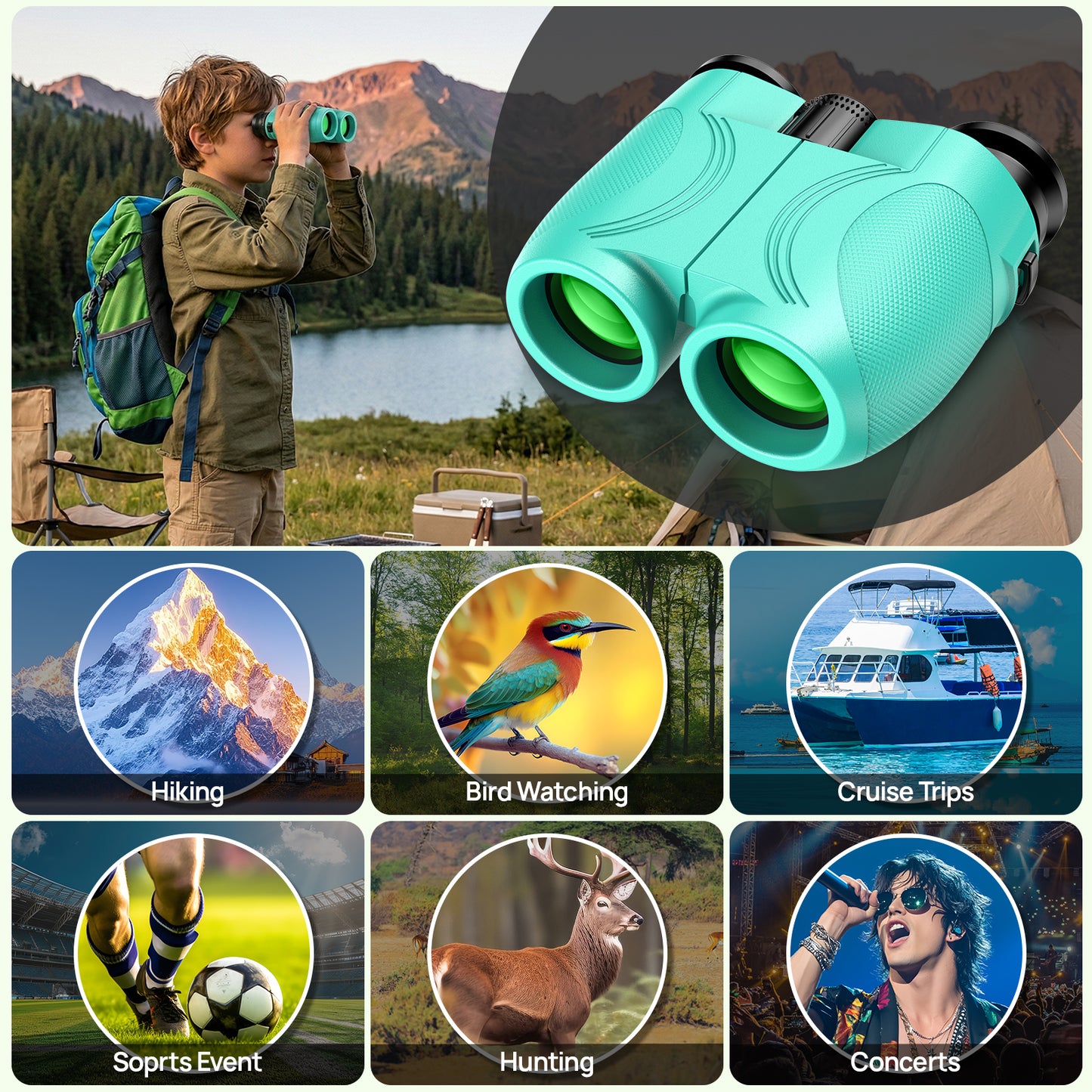 12x25 Binoculars for Kids and Adults: Compact Binoculars with Bak4, FMC- Small Lightweight Binoculars for Camping, Traveling, Bird Watching, Hiking (Green)