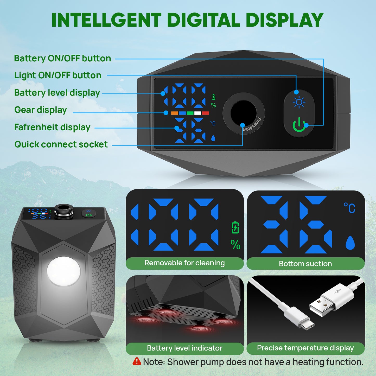 NOCOEX Camping Shower with LED Lights, 6000mAh Rechargeable & 5 Pressure Modes, 1.6 GPM & IPX8 Waterproof Portable Camping Shower for Beach, Pet Cleaning, Car Washing