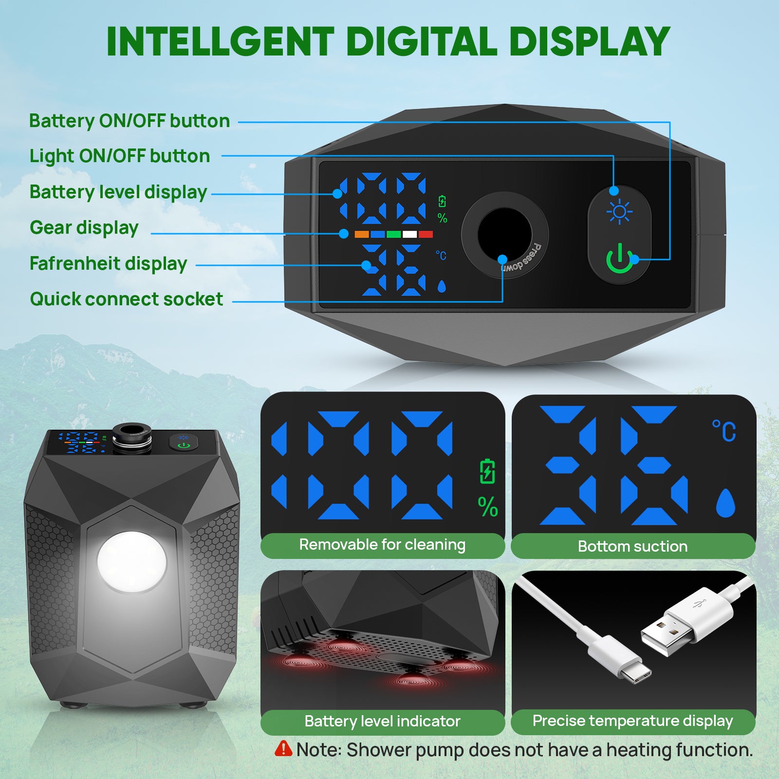 NOCOEX Portable Shower for Camping: Rechargeable Camping Shower Pump 130-Min Runtime, 5 Pressure Levels with Built-in LED, IPX8 Waterproof - Ideal for Beaching, Gardening, Pet, Car