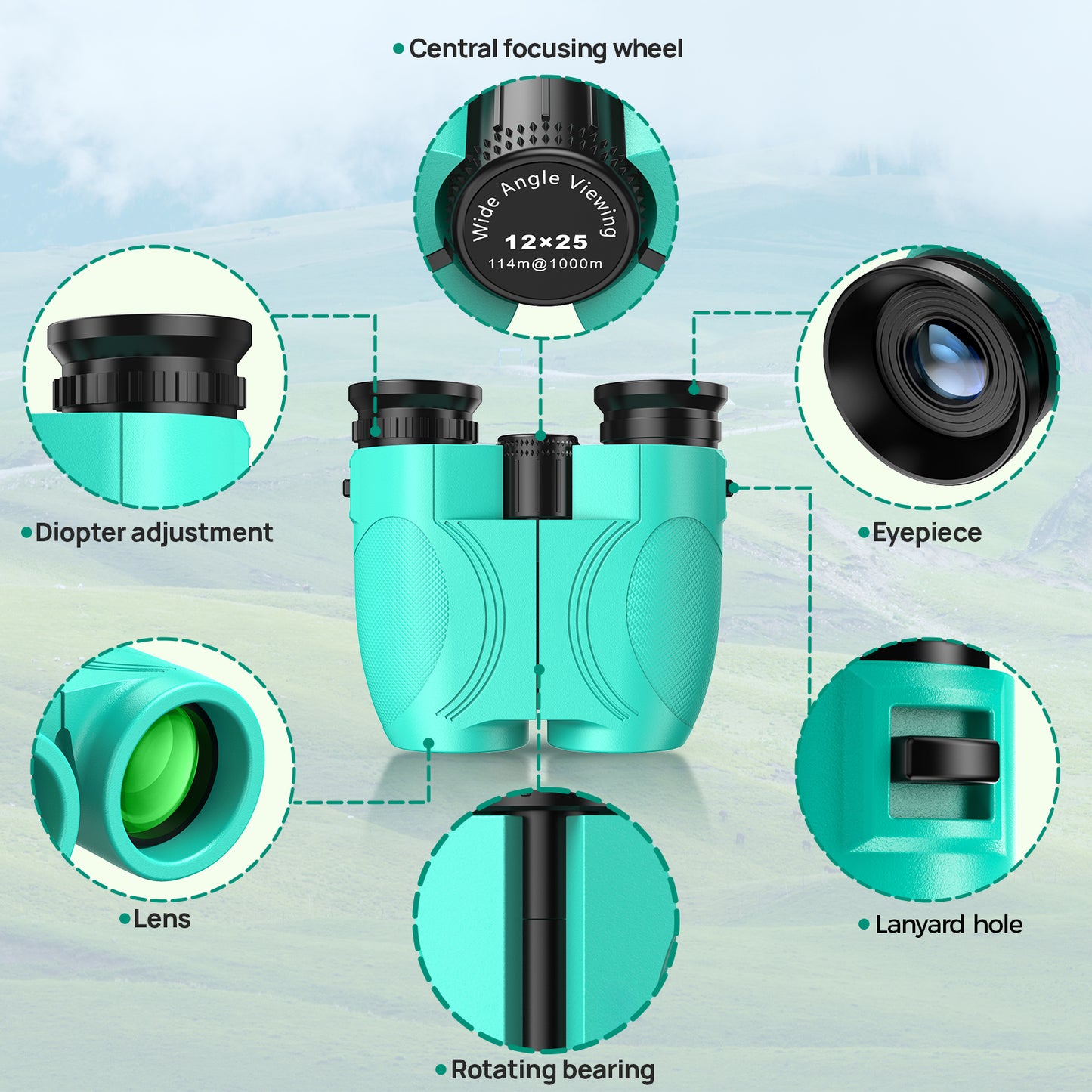 12x25 Binoculars for Kids and Adults: Compact Binoculars with Bak4, FMC- Small Lightweight Binoculars for Camping, Traveling, Bird Watching, Hiking (Green)