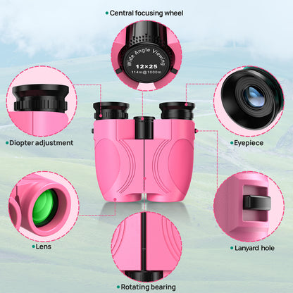 12x25 Compact Binoculars for Kids: Small Binoculars with Bak4, FMC - Ideal for Outdoor, Camping, Traveling, Bird Watching, Hiking (Pink)