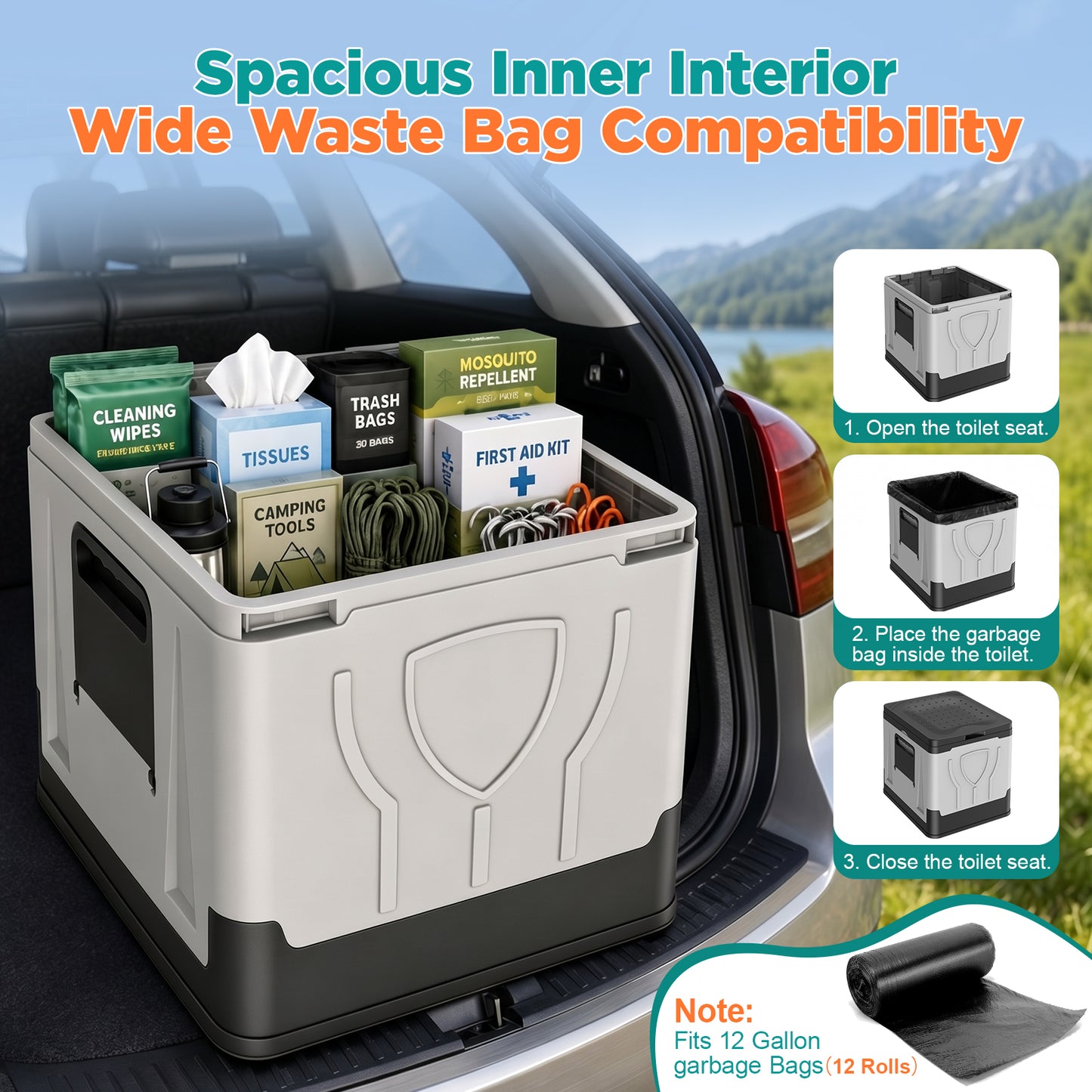 NOCOEX Portable Camping Toilet, 330Lbs Foldable Porta Potty with Dual Side Shelves, Travel Toilet for Camping, RV, Hiking, Trucks & Emergency Use
