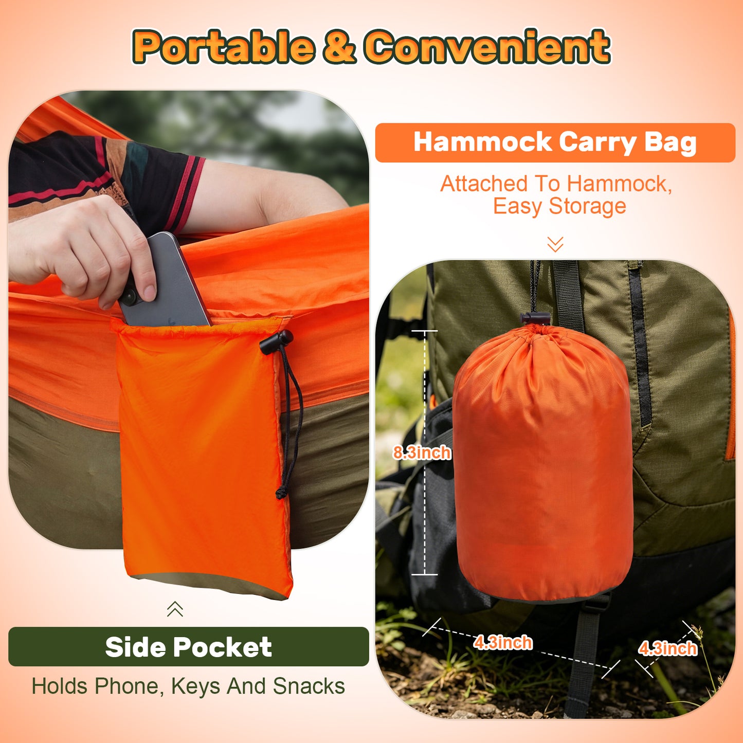 NOCOEX Camping Hammock 440lbs with Two 10ft Tree Straps, 2 D‑Carabiners & Side Pocket, Parachute Nylon Portable Lightweight Hammock for Travel, Hiking, Backpacking, Beach (Orange)