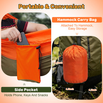 NOCOEX Camping Hammock 440lbs with Two 10ft Tree Straps, 2 D‑Carabiners & Side Pocket, Parachute Nylon Portable Lightweight Hammock for Travel, Hiking, Backpacking, Beach (Orange)