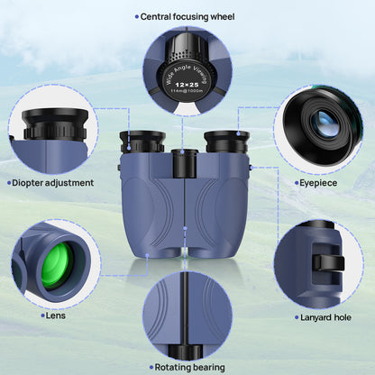 12x25 Compact Binoculars for Kids: Small Binoculars with Bak4, FMC - Ideal for Outdoor, Camping, Traveling, Bird Watching, Hiking (Blue)