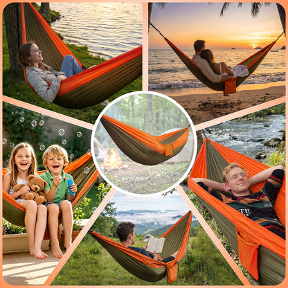 NOCOEX Camping Hammock 440lbs with Two 10ft Tree Straps, 2 D‑Carabiners & Side Pocket, Parachute Nylon Portable Lightweight Hammock for Travel, Hiking, Backpacking, Beach (Orange)
