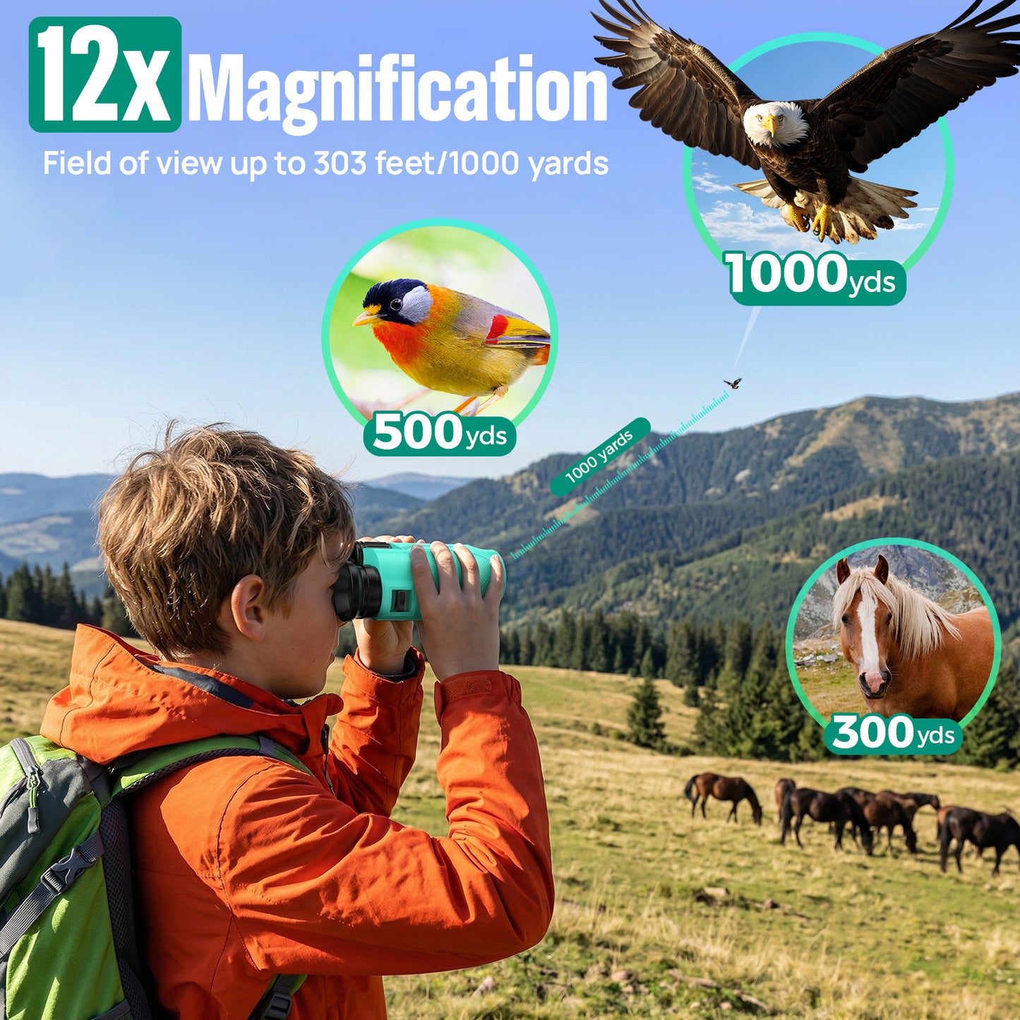 12x25 Binoculars for Kids and Adults: Compact Binoculars with Bak4, FMC- Small Lightweight Binoculars for Camping, Traveling, Bird Watching, Hiking (Green)