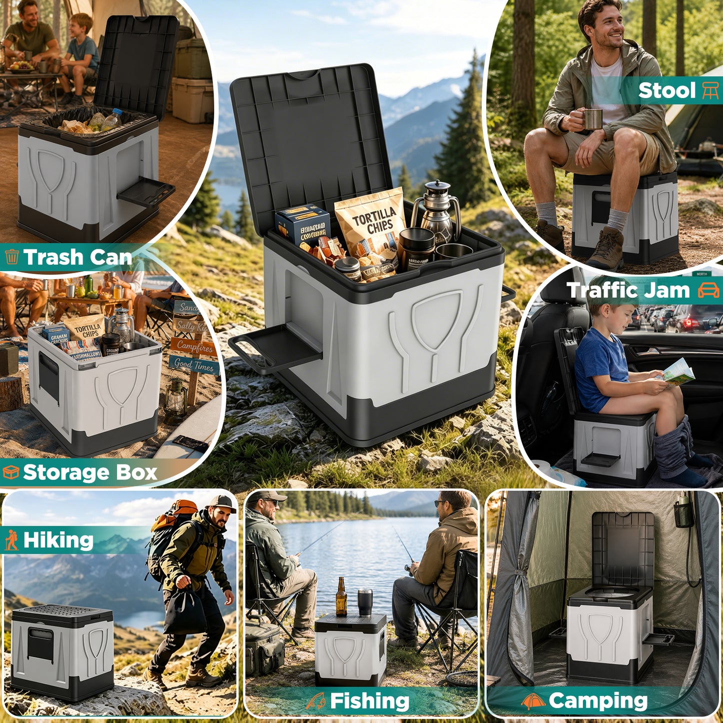 NOCOEX Portable Camping Toilet, 330Lbs Foldable Porta Potty with Dual Side Shelves, Travel Toilet for Camping, RV, Hiking, Trucks & Emergency Use