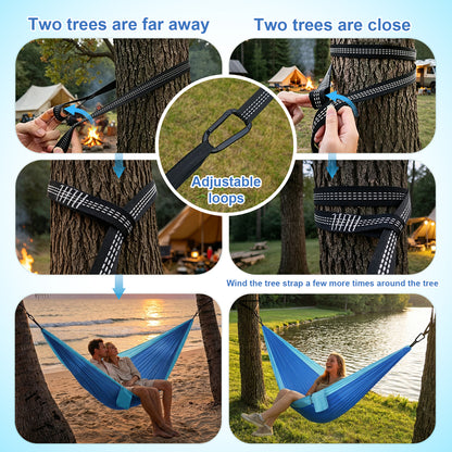 NOCOEX Camping Hammock with Tree Straps & Built-in Side Pocket, Anti-Tip 440lbs Parachute Portable Hammock for Travel Hiking Backpacking Beach, Blue