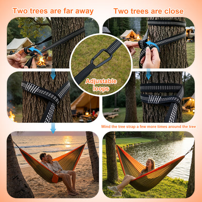 NOCOEX Camping Hammock 440lbs with Two 10ft Tree Straps, 2 D‑Carabiners & Side Pocket, Parachute Nylon Portable Lightweight Hammock for Travel, Hiking, Backpacking, Beach (Orange)