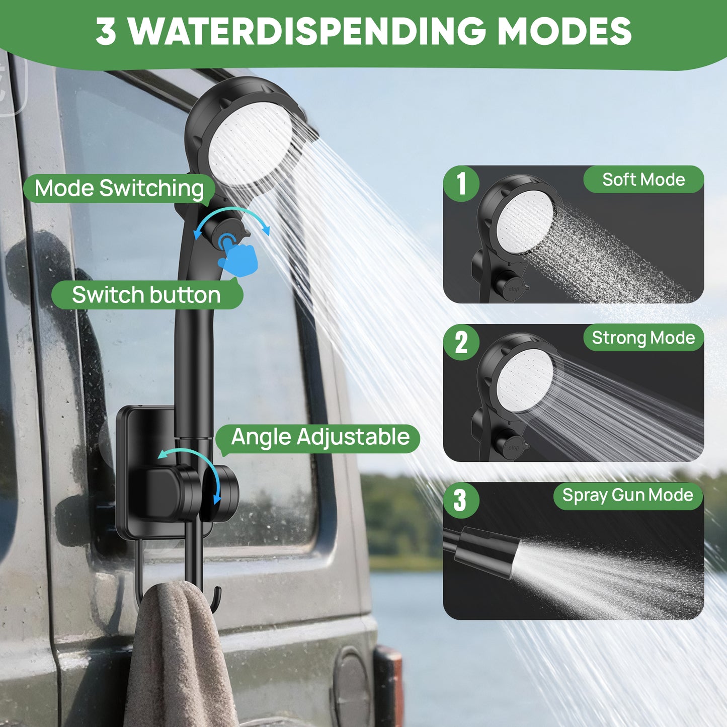NOCOEX Camping Shower with LED Lights, 6000mAh Rechargeable & 5 Pressure Modes, 1.6 GPM & IPX8 Waterproof Portable Camping Shower for Beach, Pet Cleaning, Car Washing