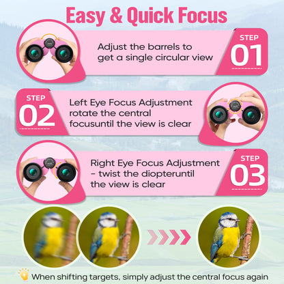 12x25 Compact Binoculars for Kids: Small Binoculars with Bak4, FMC - Ideal for Outdoor, Camping, Traveling, Bird Watching, Hiking (Pink)