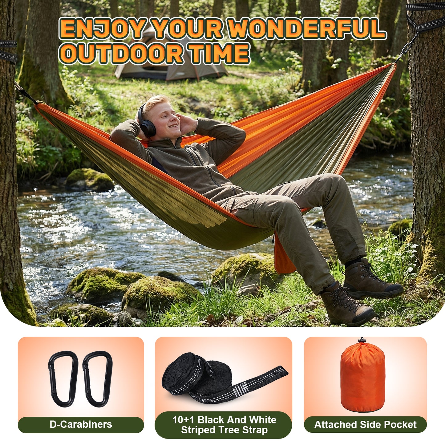 NOCOEX Camping Hammock 440lbs with Two 10ft Tree Straps, 2 D‑Carabiners & Side Pocket, Parachute Nylon Portable Lightweight Hammock for Travel, Hiking, Backpacking, Beach (Orange)
