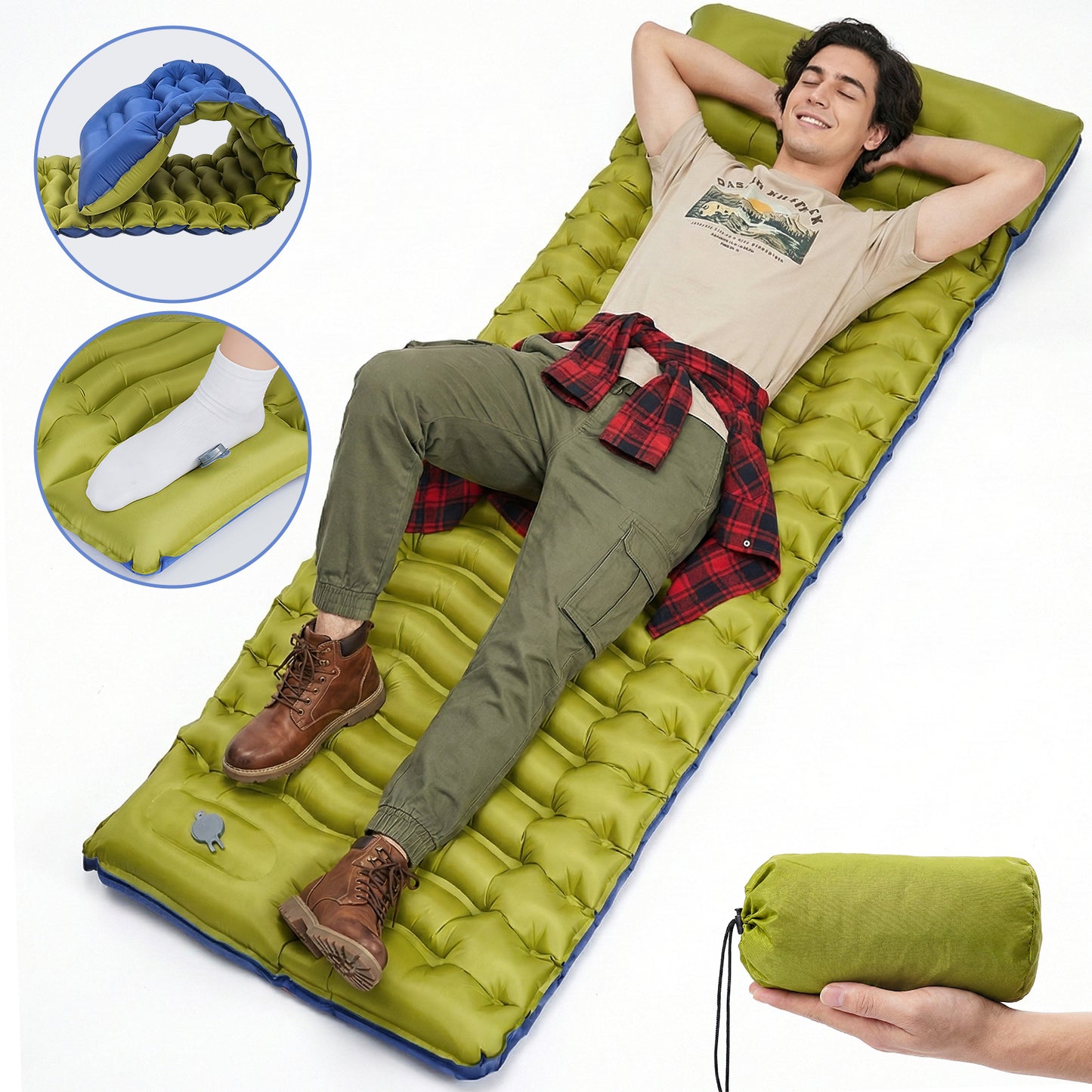NOCOEX Sleeping Pad for Camping with Built-in Foot Pump & 5.9" Pillow - Leakproof, Inflatable Camping Mattress for Backpacking, Hiking, Traveling