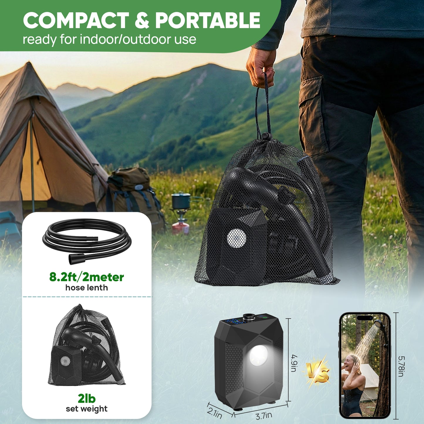 NOCOEX Camping Shower with LED Lights, 6000mAh Rechargeable & 5 Pressure Modes, 1.6 GPM & IPX8 Waterproof Portable Camping Shower for Beach, Pet Cleaning, Car Washing
