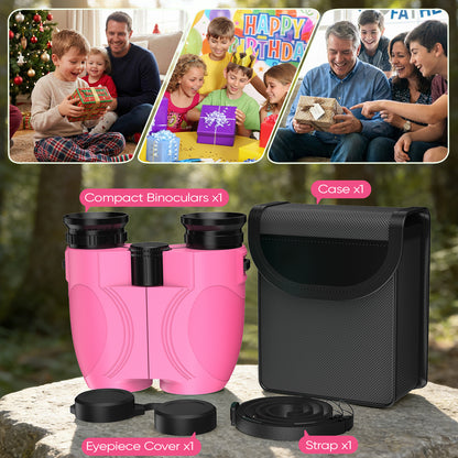 12x25 Kids Binoculars, FMC BAK4 with Neck Strap & Carrying Bag, Small Compact Binoculars for Bird Watching, Camping & Travel (Pink)