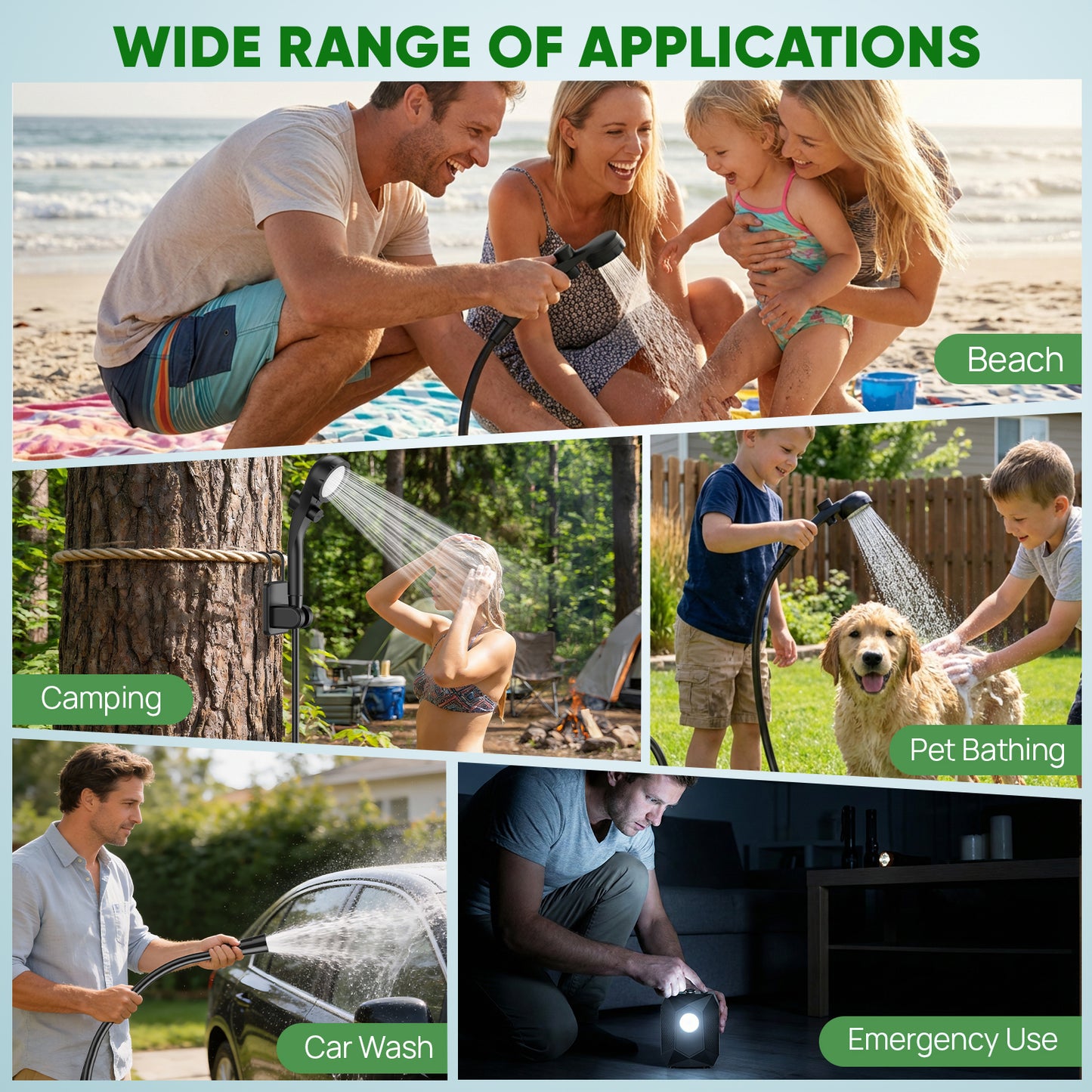 NOCOEX Camping Shower with LED Lights, 6000mAh Rechargeable & 5 Pressure Modes, 1.6 GPM & IPX8 Waterproof Portable Camping Shower for Beach, Pet Cleaning, Car Washing