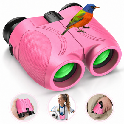 12x25 Kids Binoculars, FMC BAK4 with Neck Strap & Carrying Bag, Small Compact Binoculars for Bird Watching, Camping & Travel (Pink)