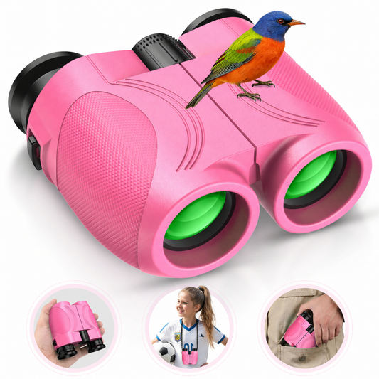 12x25 Kids Binoculars, FMC BAK4 with Neck Strap & Carrying Bag, Small Compact Binoculars for Bird Watching, Camping & Travel (Pink)