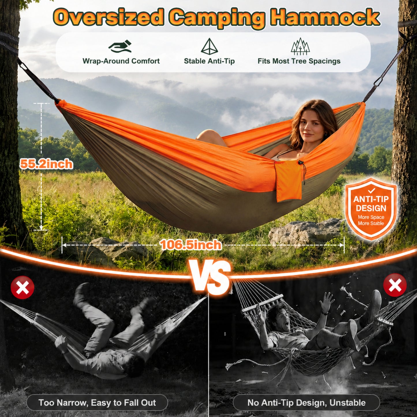 NOCOEX Camping Hammock 440lbs with Two 10ft Tree Straps, 2 D‑Carabiners & Side Pocket, Parachute Nylon Portable Lightweight Hammock for Travel, Hiking, Backpacking, Beach (Orange)