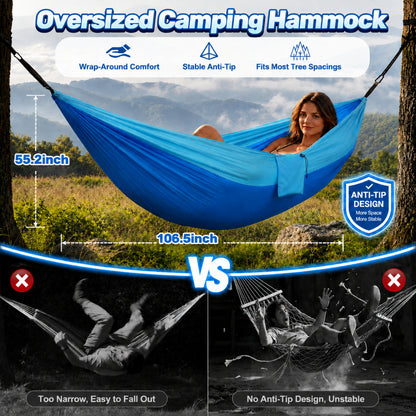 NOCOEX Camping Hammock with Tree Straps & Built-in Side Pocket, Anti-Tip 440lbs Parachute Portable Hammock for Travel Hiking Backpacking Beach, Blue