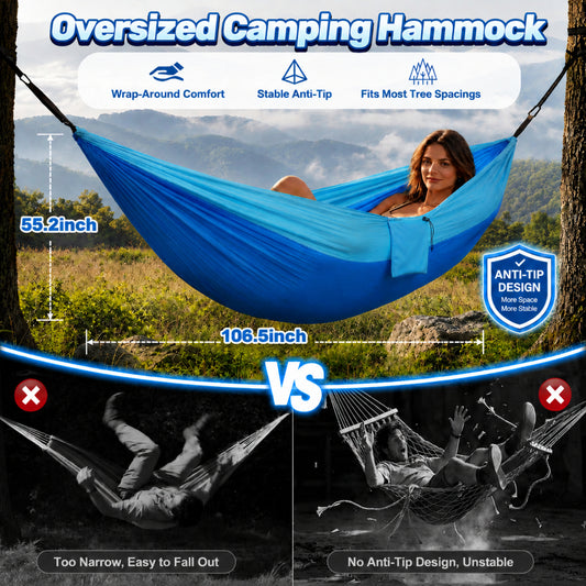 NOCOEX Camping Hammock with Tree Straps & Built-in Side Pocket, Anti-Tip 440lbs Parachute Portable Hammock for Travel Hiking Backpacking Beach, Blue