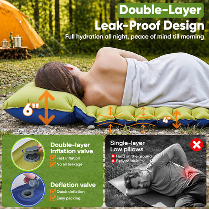 NOCOEX Camping Sleeping Pad, 6" Extra Thick Pillow, Built-in Foot Pump & Leakproof Design, Lightweight Sleeping Pad for Camping, Backpacking, Hiking, Travel