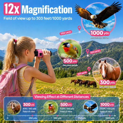 12x25 Kids Binoculars, FMC BAK4 with Neck Strap & Carrying Bag, Small Compact Binoculars for Bird Watching, Camping & Travel (Pink)